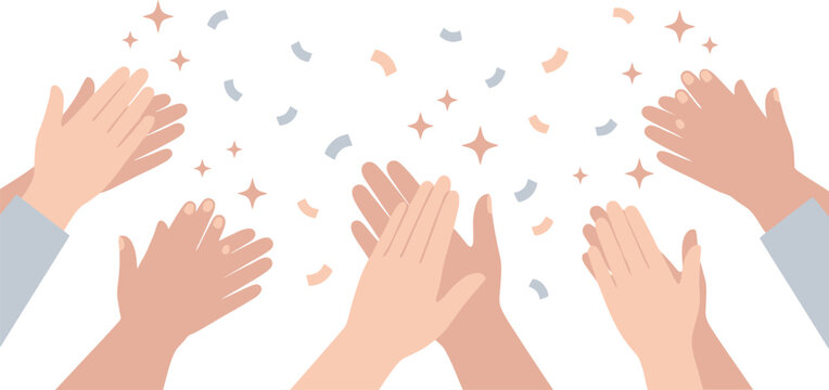 Clapping hands with confetti and sparkles, crowd applause vector illustration, diverse human hands cheering and celebrating success