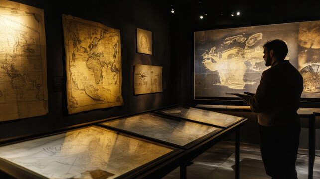Visitor observes ancient maps displayed inside a dim museum gallery.