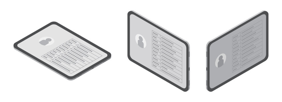 顧客情報が表示されたタブレットの3つの角度のアイソメトリックイラストセット