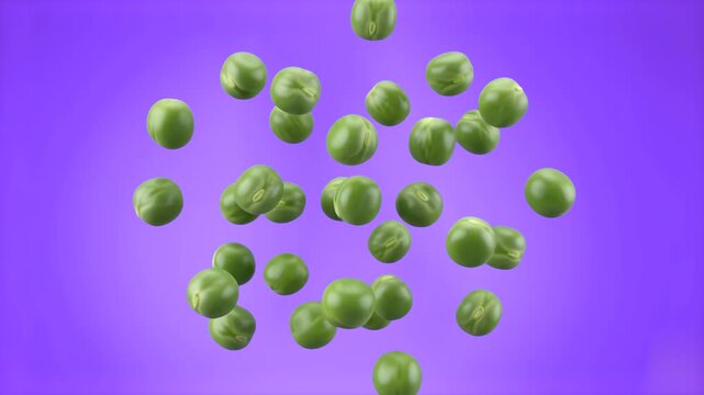 A bright 3D illustration of green peas suspended dynamically over a solid purple backdrop. Suitable for modern food advertising, healthy lifestyle campaigns, recipe packaging design, and colorful soci