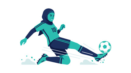 Fototapeta premium Muslim female soccer player sliding for the ball in minimalist flat vector design for diversity in sports marketing