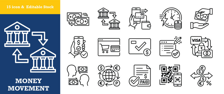 Money movement banking and finance icon set with various financial transaction symbols.