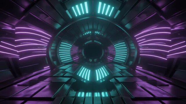Futuristic neon-lit tunnel interior with purple and blue glowing lines, cyberpunk atmosphere, high-tech background, sci-fi architecture, dark metallic texture, illuminated corridor