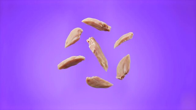 A dynamic cluster of fresh, raw boneless meat slices or pork loin cutlets floating in mid-air against a solid purple backdrop. This high-density 3D food asset is tailored for vibrant recipe promos, bu