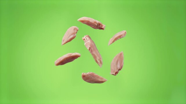 Slices of fresh raw chicken meat suspended and tumbling through the air in a slow-motion effect. This clean food asset features a soft gradient green backdrop suitable for healthy eating campaigns.