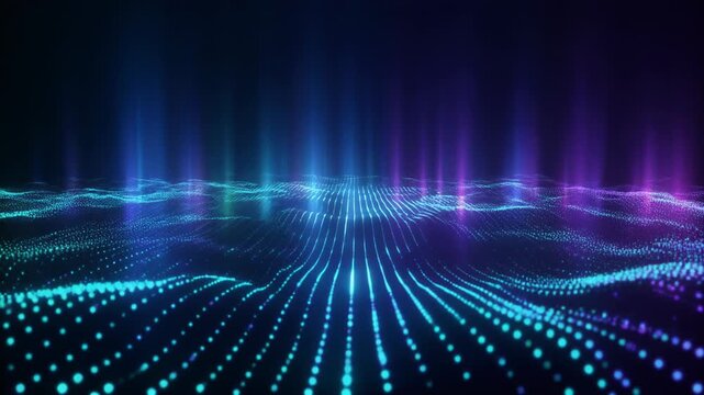 Futuristic neon grid background with glowing blue and purple lights, abstract technology wallpaper, dark moody atmosphere, vibrant color palette, high-tech digital illustration