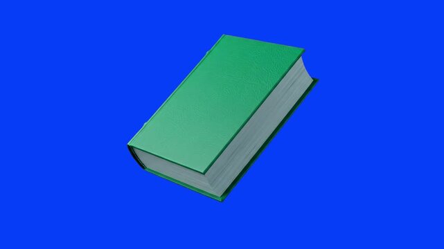 A thick green hardcover book or dictionary floating steadily at a dynamic angle. Set against a solid chroma key blue screen backdrop, this academic object asset is fully optimized for seamless digital