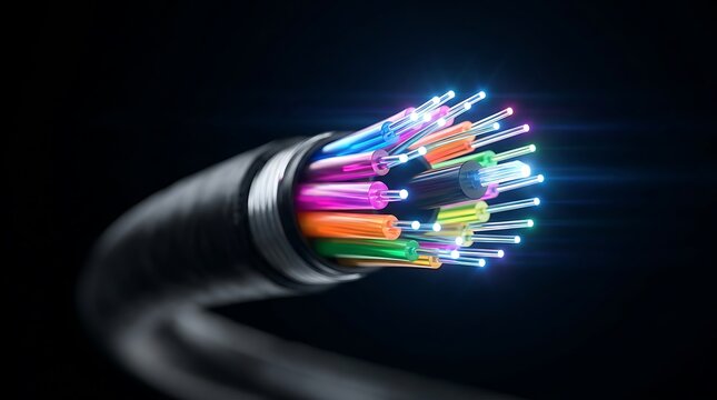 Close up of colourful fiber optic cable glowing with light signals on a dark background.