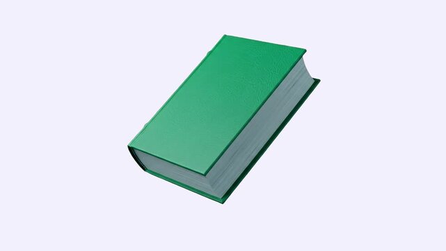 A clean 3D render of a closed hardcover book or novel with a deep green cover, floating suspended at an angle. Positioned against a solid pale purple or off-white background, this high-quality asset p