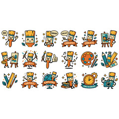 Fototapeta premium Cute Paintbrush Cartoon Character and Art Creative Studio Icons 