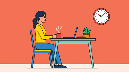 Fototapeta premium Freelance professional woman working on laptop with coffee in vibrant flat vector for remote work productivity