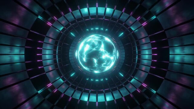 Futuristic neon-lit tunnel with glowing orb, cyberpunk background, copy space, abstract technology wallpaper, dark moody atmosphere, blue purple hues, seamless tileable texture