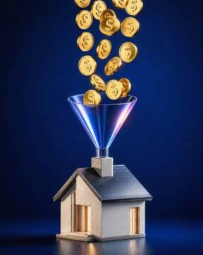 Money Flowing Into House as Home Loan and Property Finance Concept