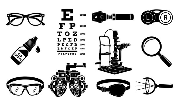Ophthalmology and Optometry Medical Equipment Icon Set Featuring Phoropter Slit Lamp Eye Chart Glasses and Drops Vector Silhouettes