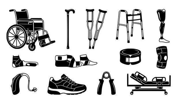 Physical Therapy and Orthopedic Mobility Equipment Icon Set Featuring Wheelchair Walker Crutches Prosthesis and Hearing Aid Vector Silhouettes