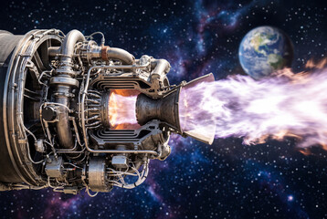 Naklejka premium Cross section of rocket engine firing in space with earth view