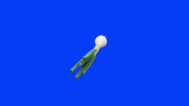 A single fresh whole green onion or scallion with a white bulb and vibrant green stalks floating dynamically in mid-air. Positioned against a solid chroma key blue screen backdrop, this clean culinary