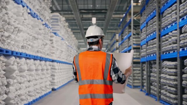Back of Asian Male Engineer Looking At Blueprint In His Hands While Walking at Warehouse storage with stacked white sacks