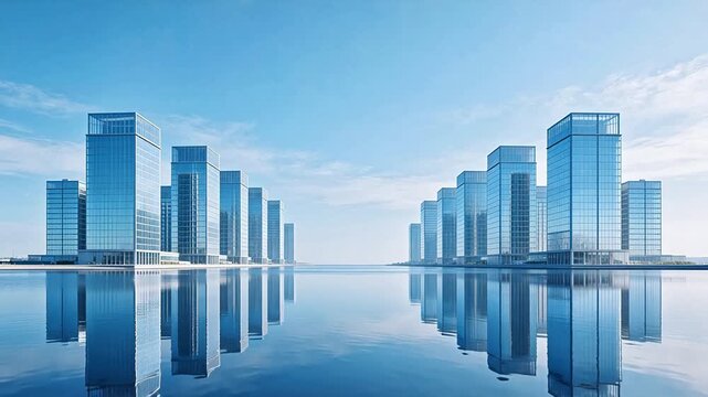 Modern glass skyscrapers by water