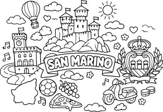 Saint-Marin, monuments, dessin au trait dessin&eacute; &agrave; la main, illustration style gribouillage, page &agrave; colorier pour enfants
