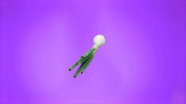 A single fresh scallion or green onion with a white bulb and green stalks suspended in mid-air. The 3D animated food asset turns slowly against a vibrant, solid purple studio backdrop.