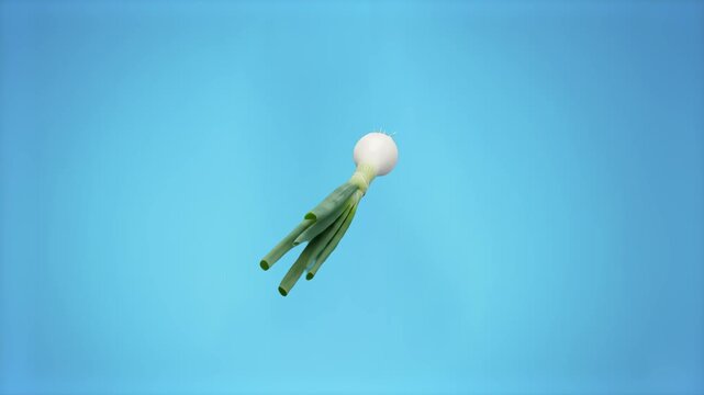 A single ripe green scallion spring onion floating suspended against a clear solid blue background. This crisp culinary graphic asset is ideal for food blogging, recipe animations, and market advertis