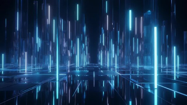 Futuristic neon-lit digital background with glowing blue lines, abstract technology concept, dark futuristic ambiance, cyberpunk aesthetic, high-tech wallpaper