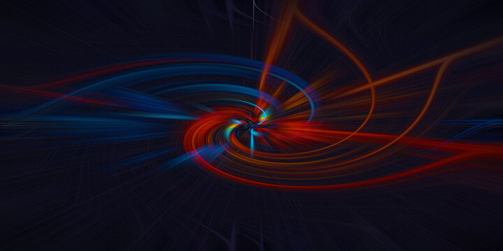 Vibrant colorful spiral vortex light trails converging in center of dark space creating dynamic energy explosion art background.
