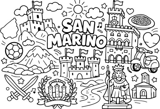 Saint-Marin, monuments, dessin au trait dessin&eacute; &agrave; la main, illustration style gribouillage, page &agrave; colorier pour enfants