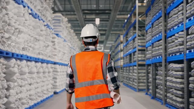 Back of Asian Male Engineer Holding Blueprint While Walking at Warehouse storage with stacked white sacks