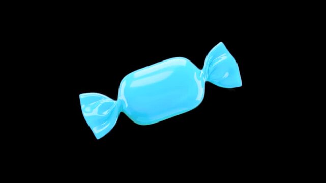 A bright 3D render of a sweet blue wrapped candy in a glossy foil wrapper, isolated over a black backdrop. Suitable for confectionery branding, Halloween sweet treats promos, candy shop graphics, and 