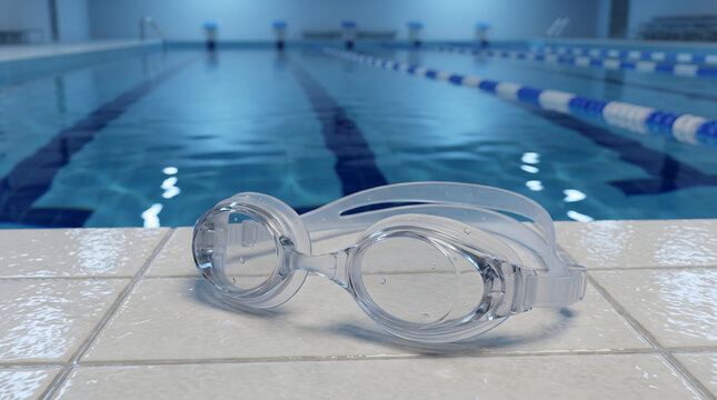 Swimming goggles resting on pool edge with blue reflections, cinematic water lighting and realistic aquatic depth