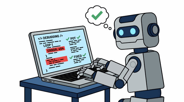 Flat Vector Robot Debugging Code on Laptop, Showing Error 404 and Fixed Status, Thought Bubble with Checkmark, Blue Desk, White Background