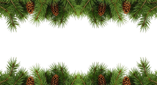 Christmas pine tree branches border with pine cones isolated on transparent background