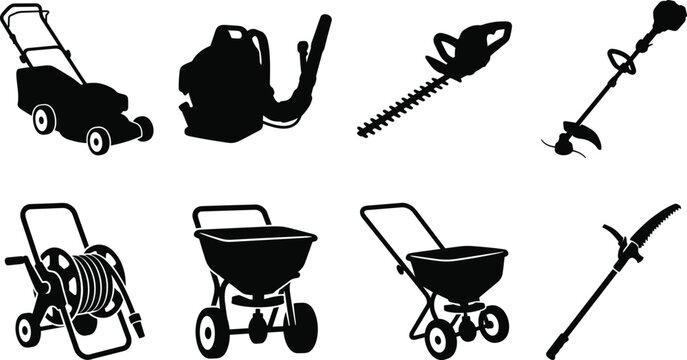 Professional Gardening Equipment Power Tools and Lawn Care Maintenance Machinery Silhouette Vector Icons Set