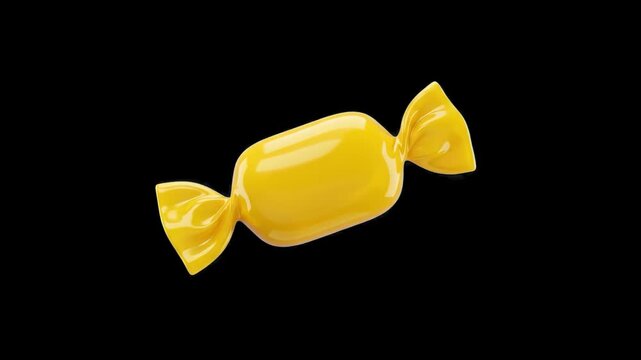 A classic piece of hard candy in a glossy yellow wrapper floating in mid-air. This clean 3D render is isolated on a solid black background, perfect for confectionery commercials and festive overlays.