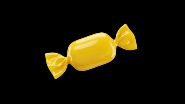 A classic piece of hard candy in a glossy yellow wrapper floating in mid-air. This clean 3D render is isolated on a solid black background, perfect for confectionery commercials and festive overlays.