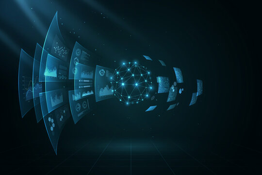 Futuristic Digital Dashboard with Data Analytics Screens and Network Sphere