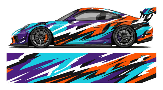 Colorful sports car with dynamic racing decals and sleek design.