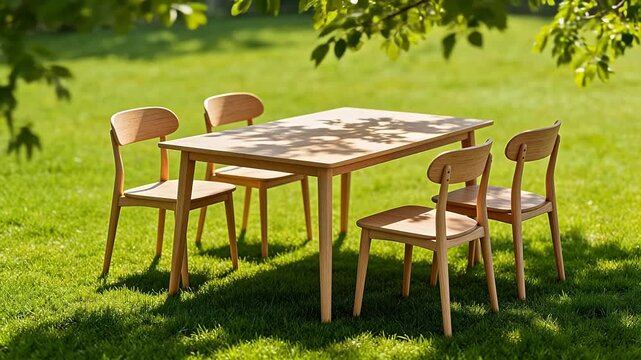 Wooden table and chairs on grass