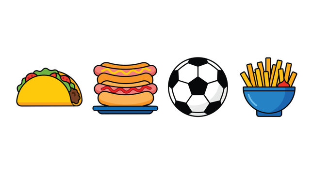 Game day snacks with soccer ball taco hot dogs and french fries in clean flat vector for sports concession marketing