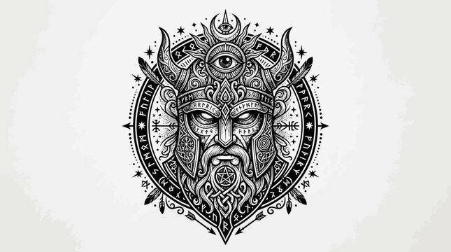 Viking Warrior Emblem with Runes and Third Eye - Black and White Illustration
