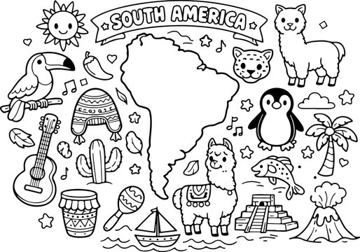 Am&eacute;rique du Sud, continent de dessin anim&eacute;, contour dessin&eacute; &agrave; la main, illustration style gribouillage, page de coloriage pour enfants