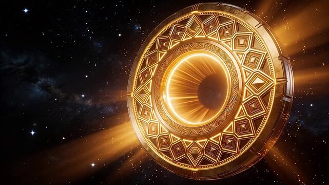 Golden ornate circular portal in space
