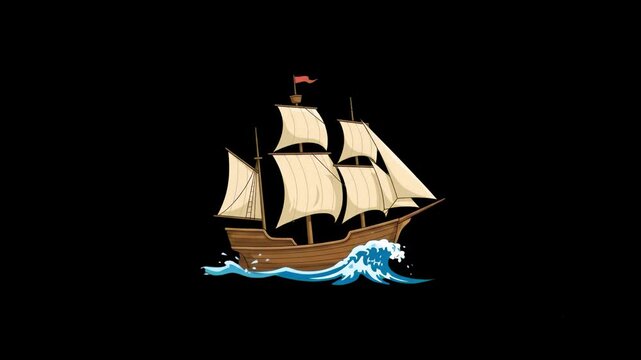 A detailed illustration of a classic wooden sailing ship or pirate galleon cruising through cresting ocean waves with white sails unfurled. Placed against a solid black backdrop, this high-contrast as