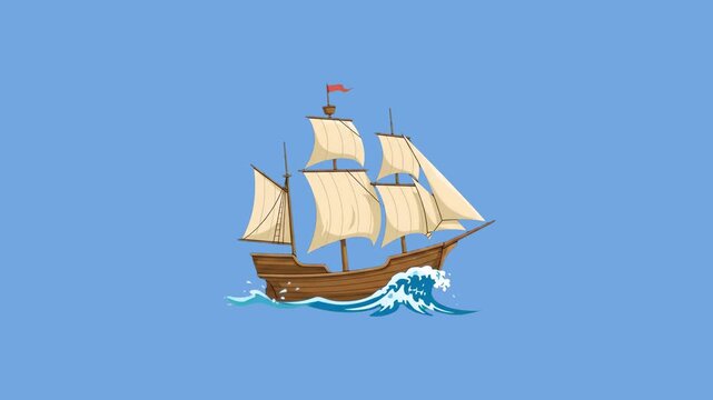 A classic cartoon-style 2D vector animation of an old wooden sailing ship cruising on ocean waves. The minimalistic graphic design is set against a solid blue sky background.