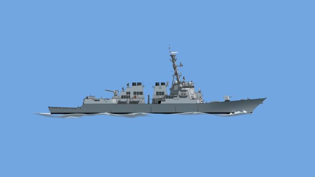 A detailed 2D vector-style illustration of a modern naval warship, resembling a guided-missile destroyer with radar masts and artillery turrets, shown from a side profile view against a solid light bl