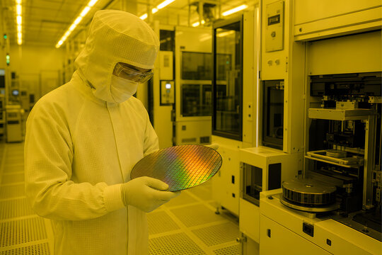 Cleanroom technician inspecting silicon wafer in lithography bay