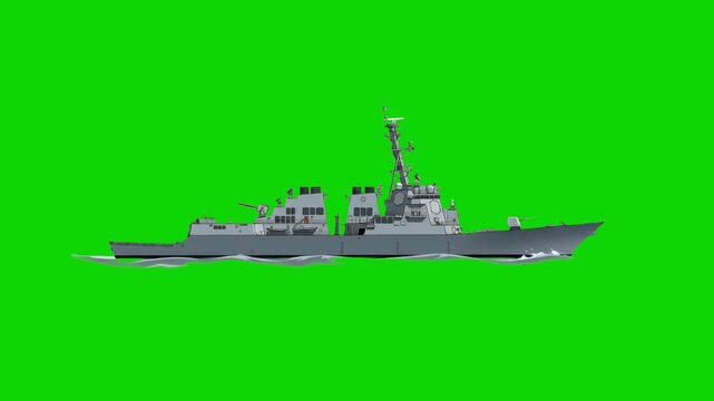 A stylized illustration of a modern gray naval destroyer or missile cruiser, shown in a side profile. It features typical warship details like masts, radar arrays, and weapon systems. The ship is posi