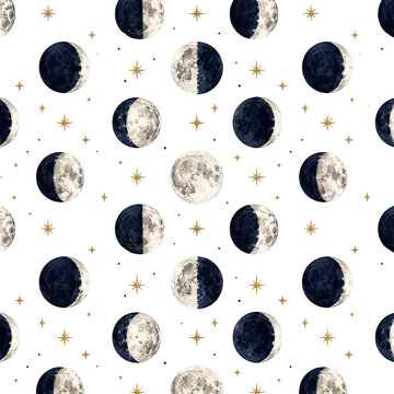 A mesmerizing pattern of moons and stars shines brightly in the night sky with phases lunar surface